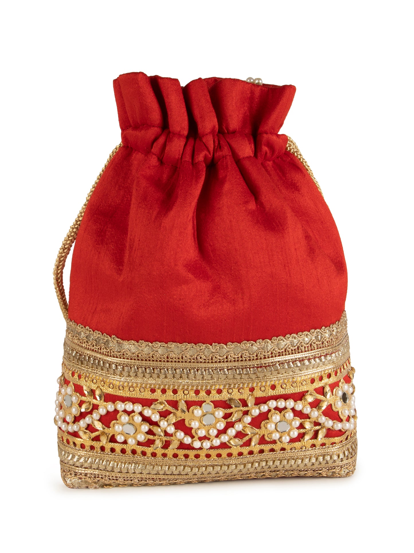 Red embellished poly silk potli bag