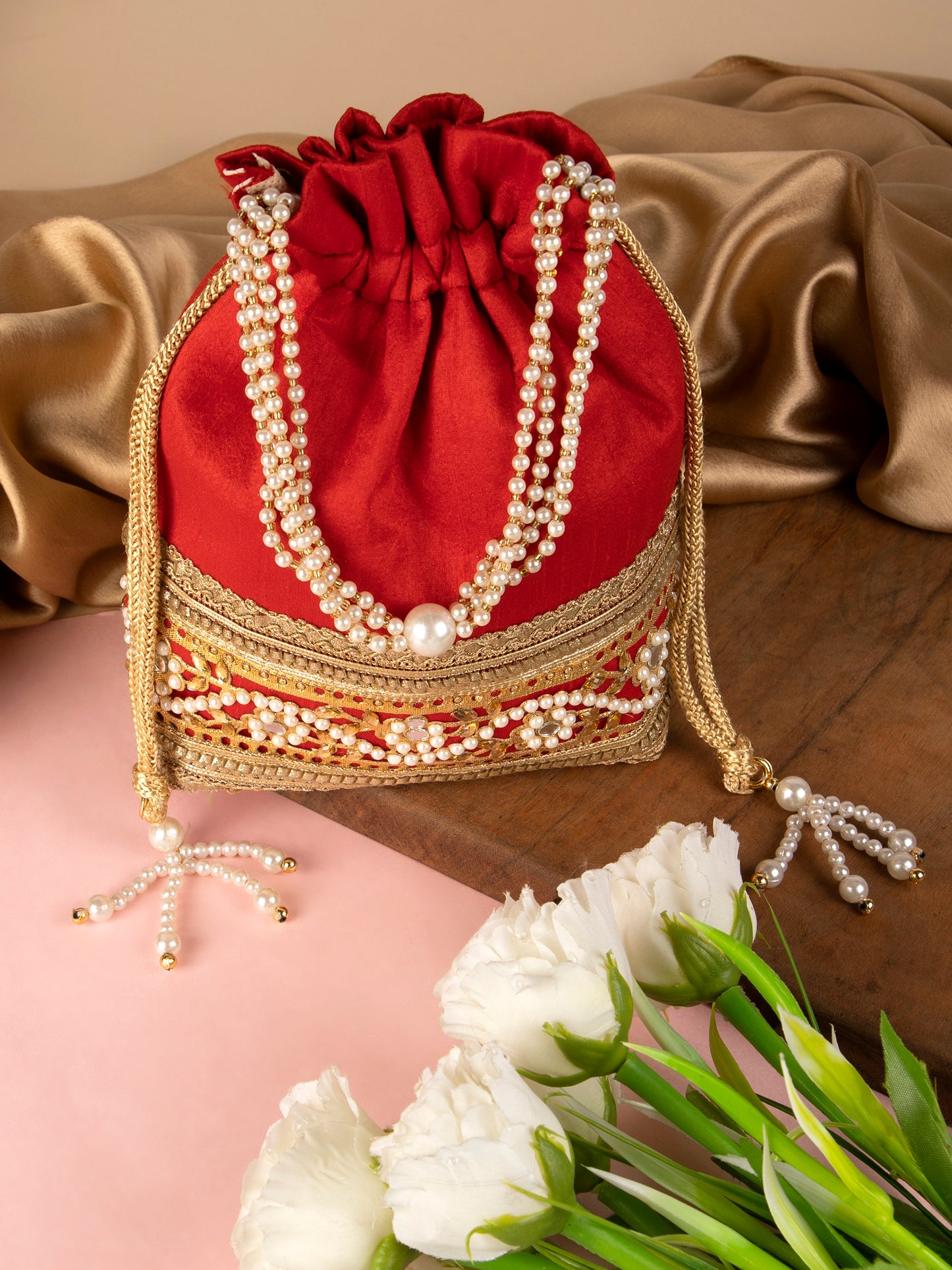 Red embellished poly silk potli bag