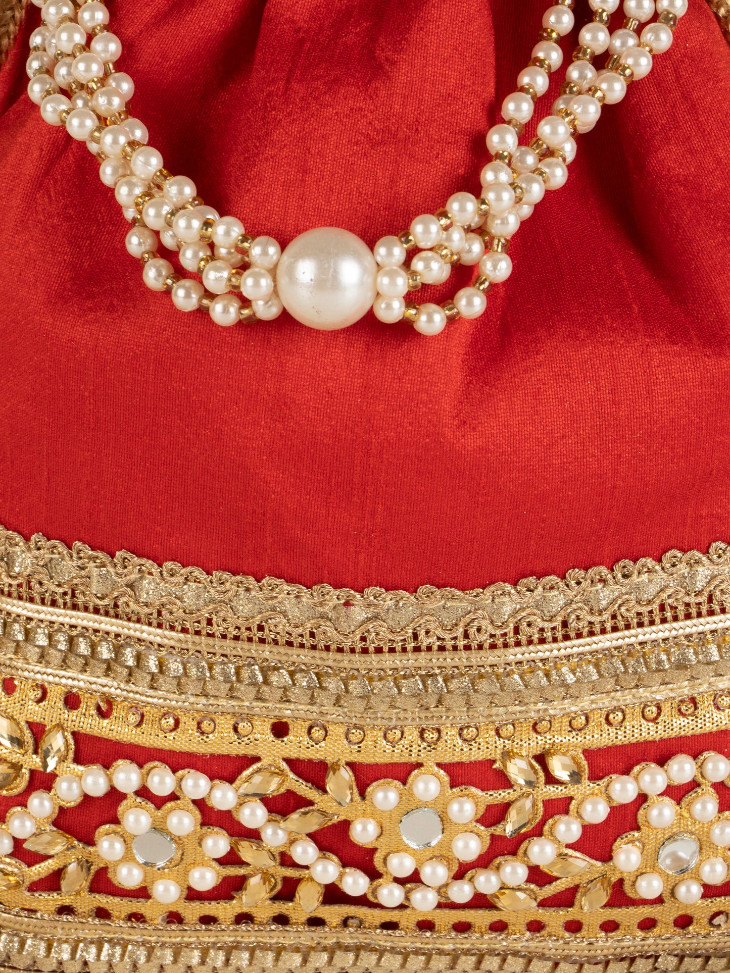 Red embellished poly silk potli bag