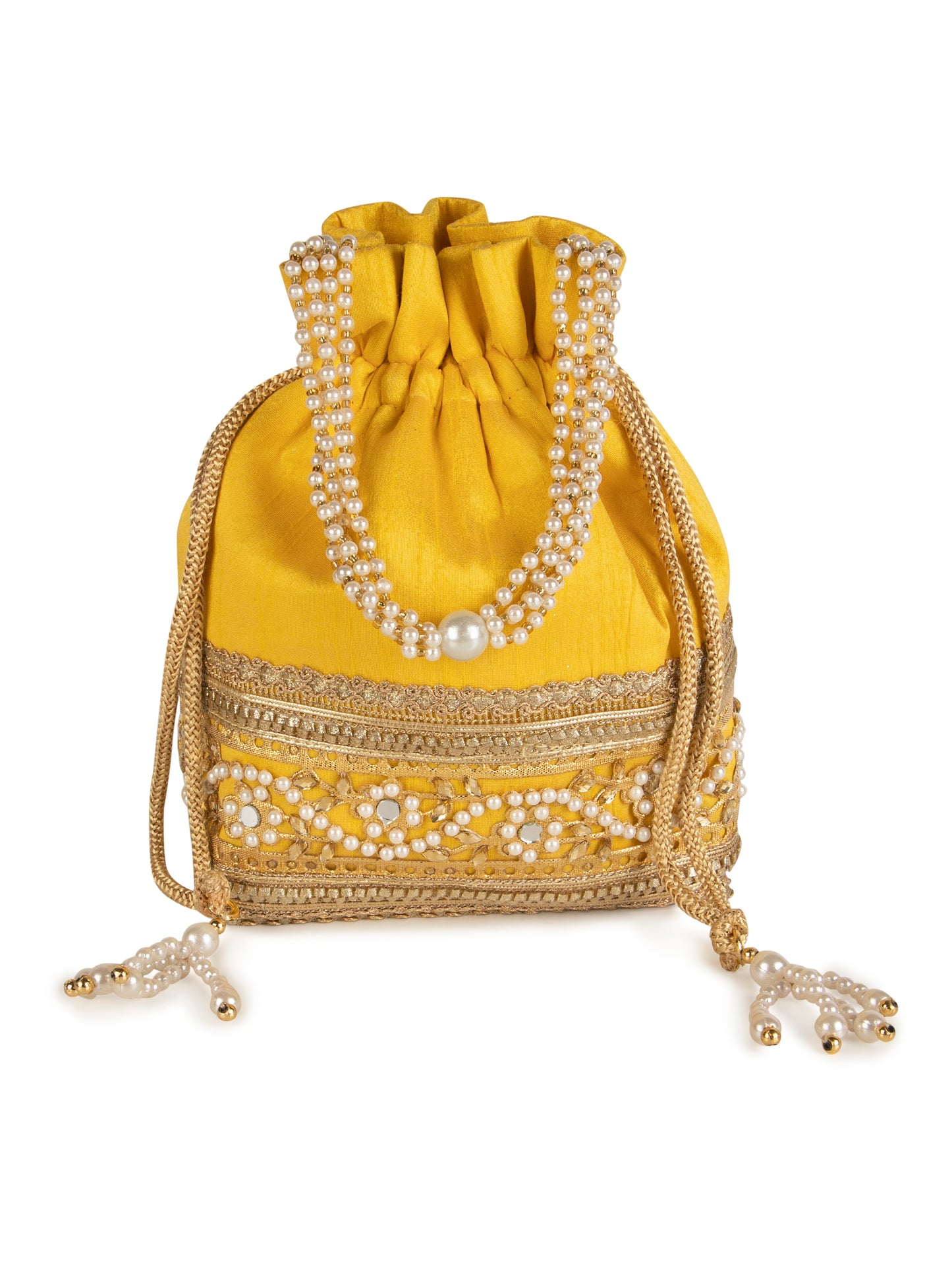 Yellow embellished poly silk potli bag