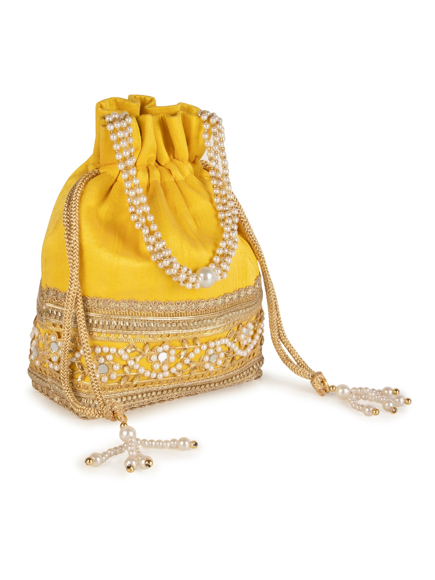 Yellow embellished poly silk potli bag