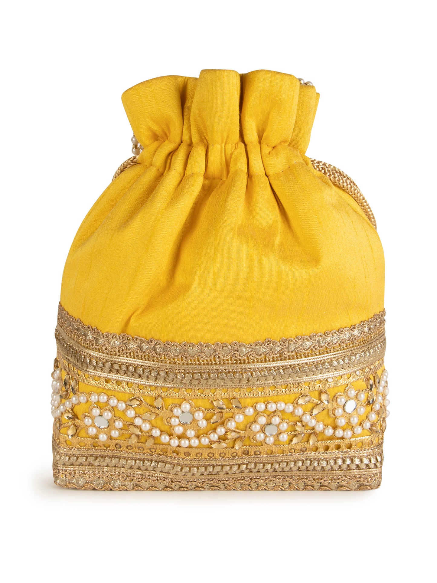 Yellow embellished poly silk potli bag