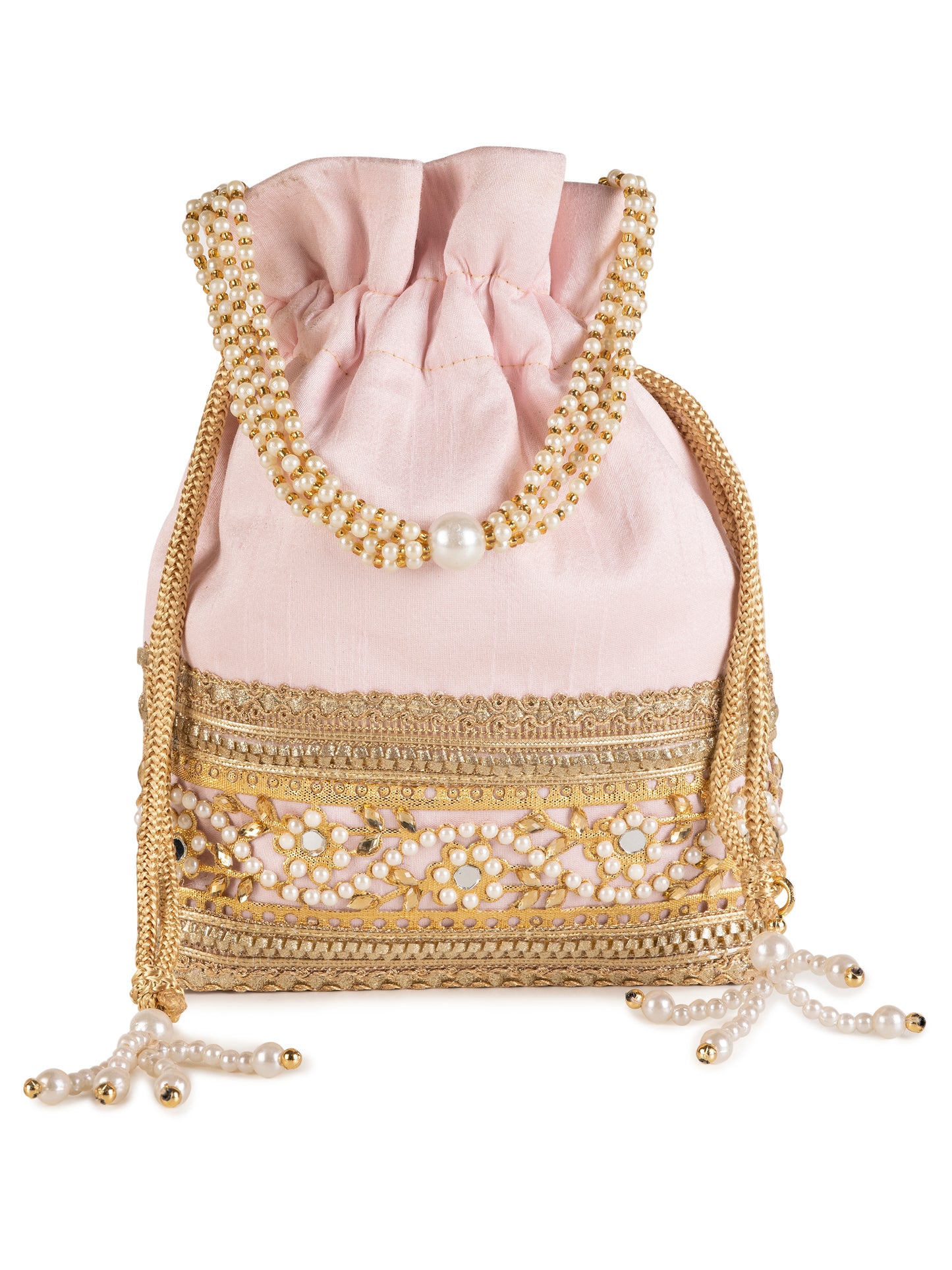 Pink embellished poly silk potli bag