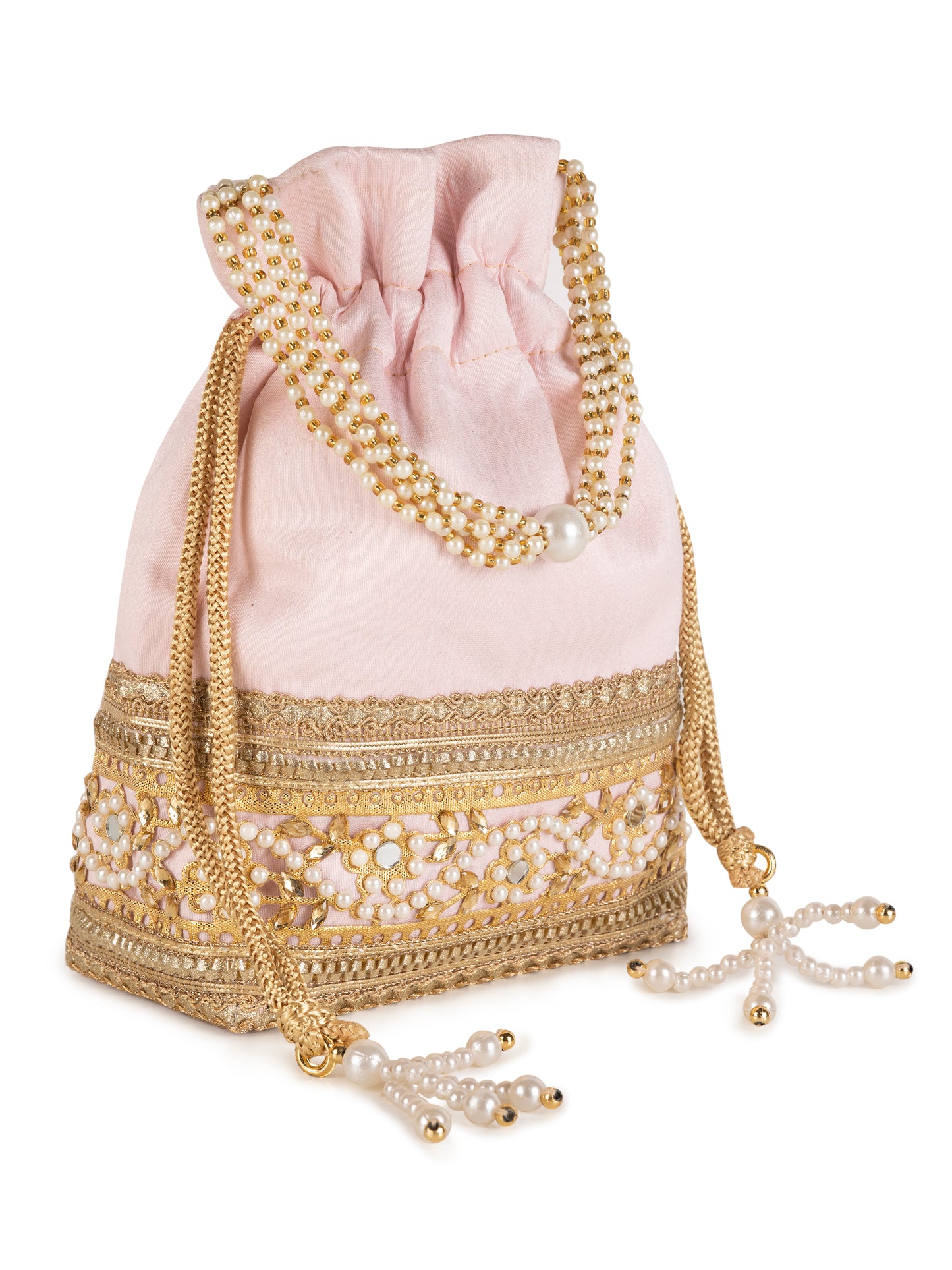 Pink embellished poly silk potli bag