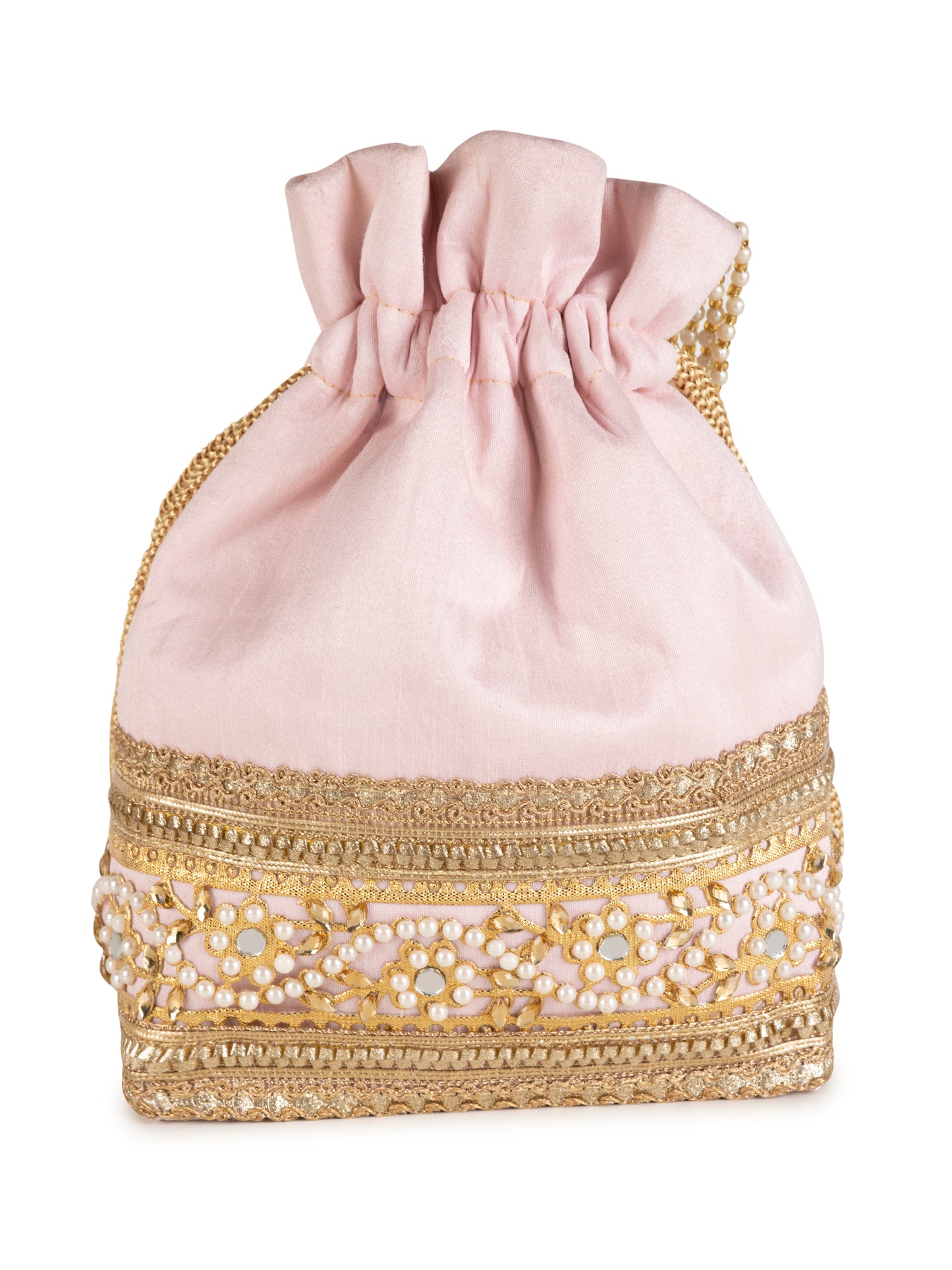 Pink embellished poly silk potli bag