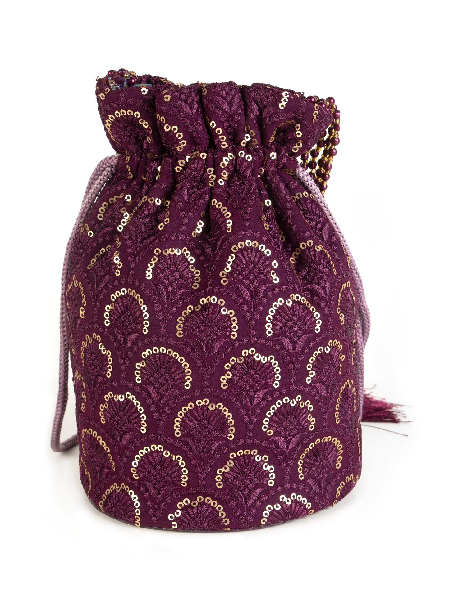 Purple embroidered chikankari potli bag