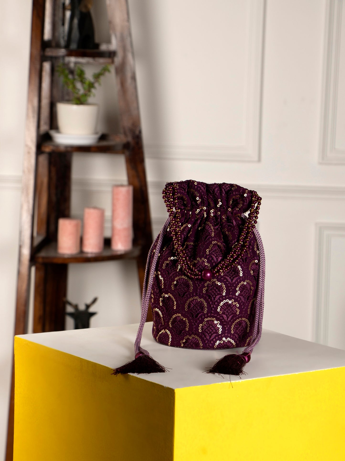 Purple embroidered chikankari potli bag