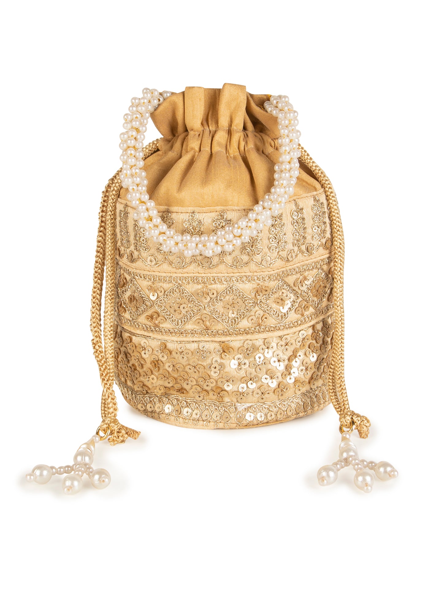 Beige embroidered zari poly silk potli bag