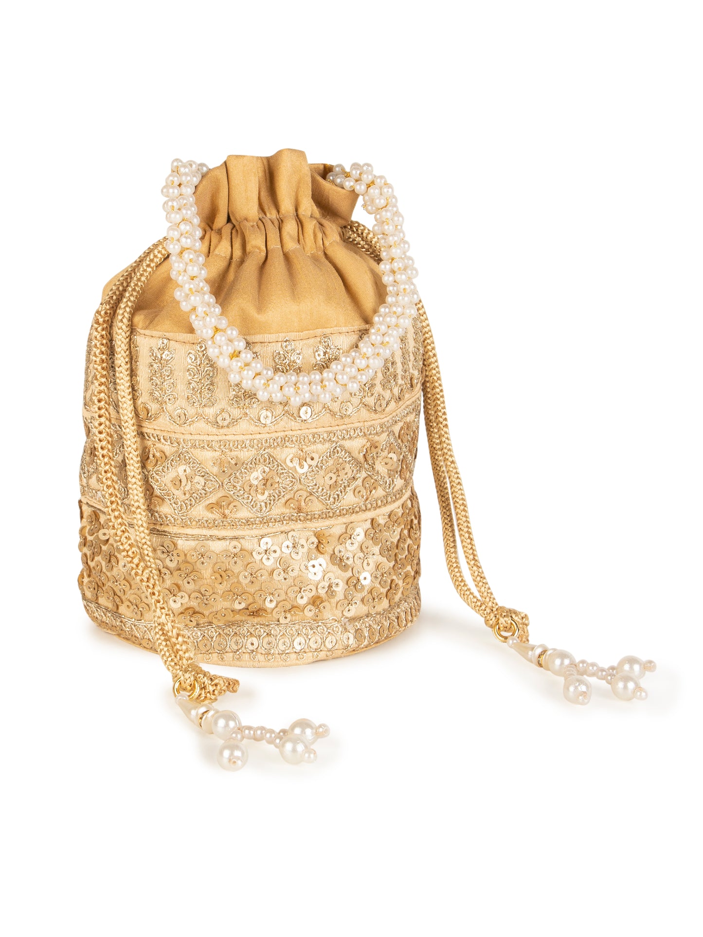 Beige embroidered zari poly silk potli bag
