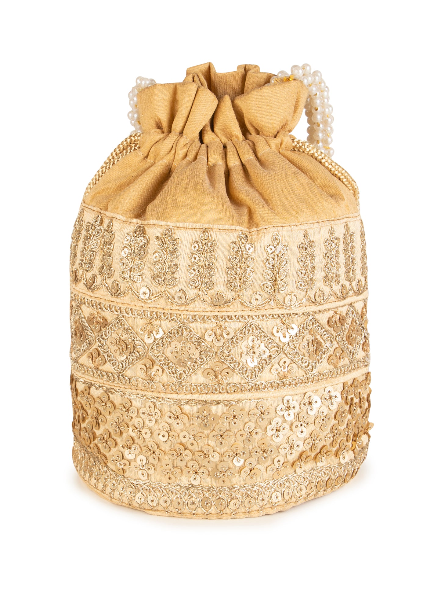 Beige embroidered zari poly silk potli bag