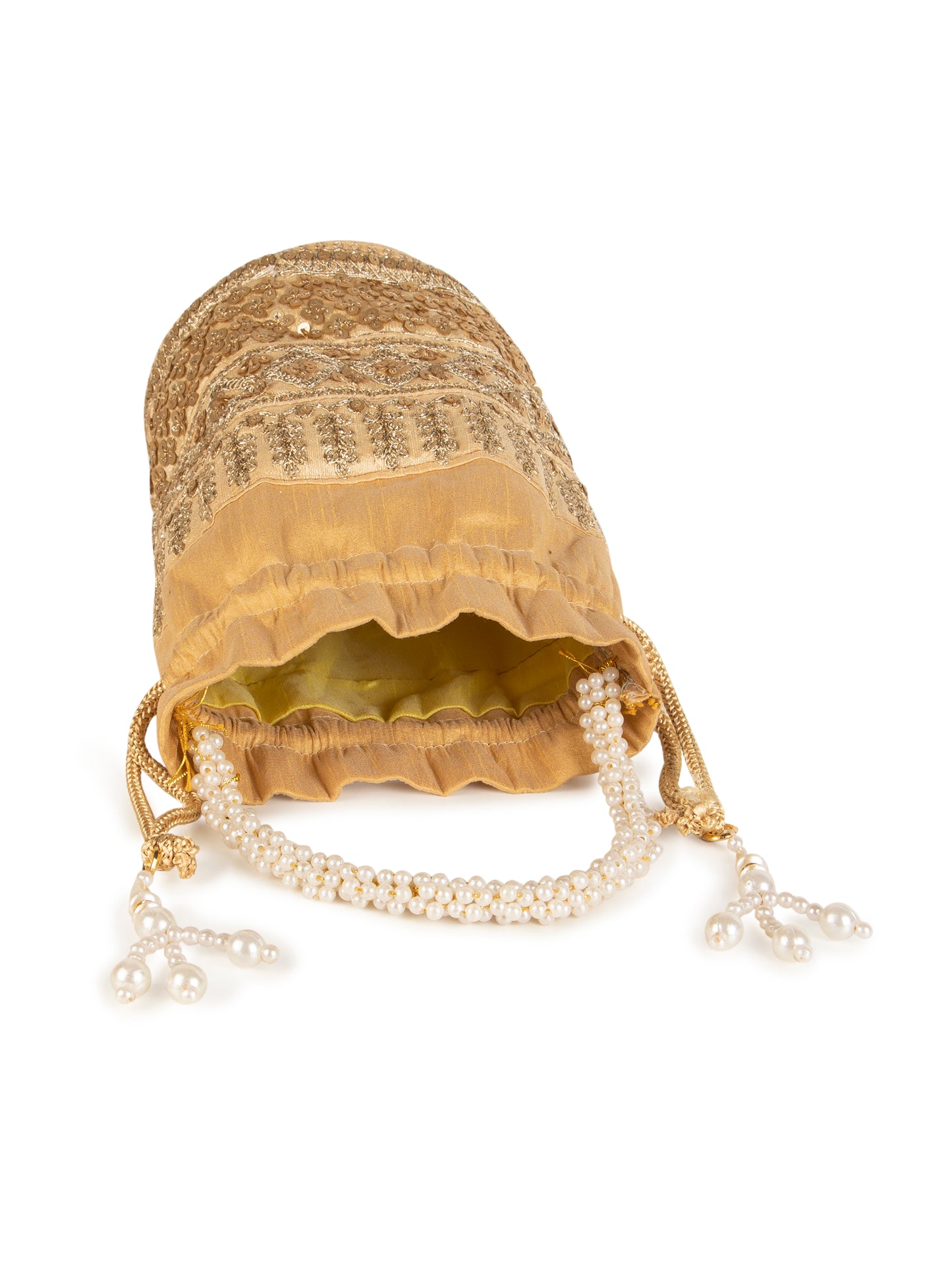Beige embroidered zari poly silk potli bag