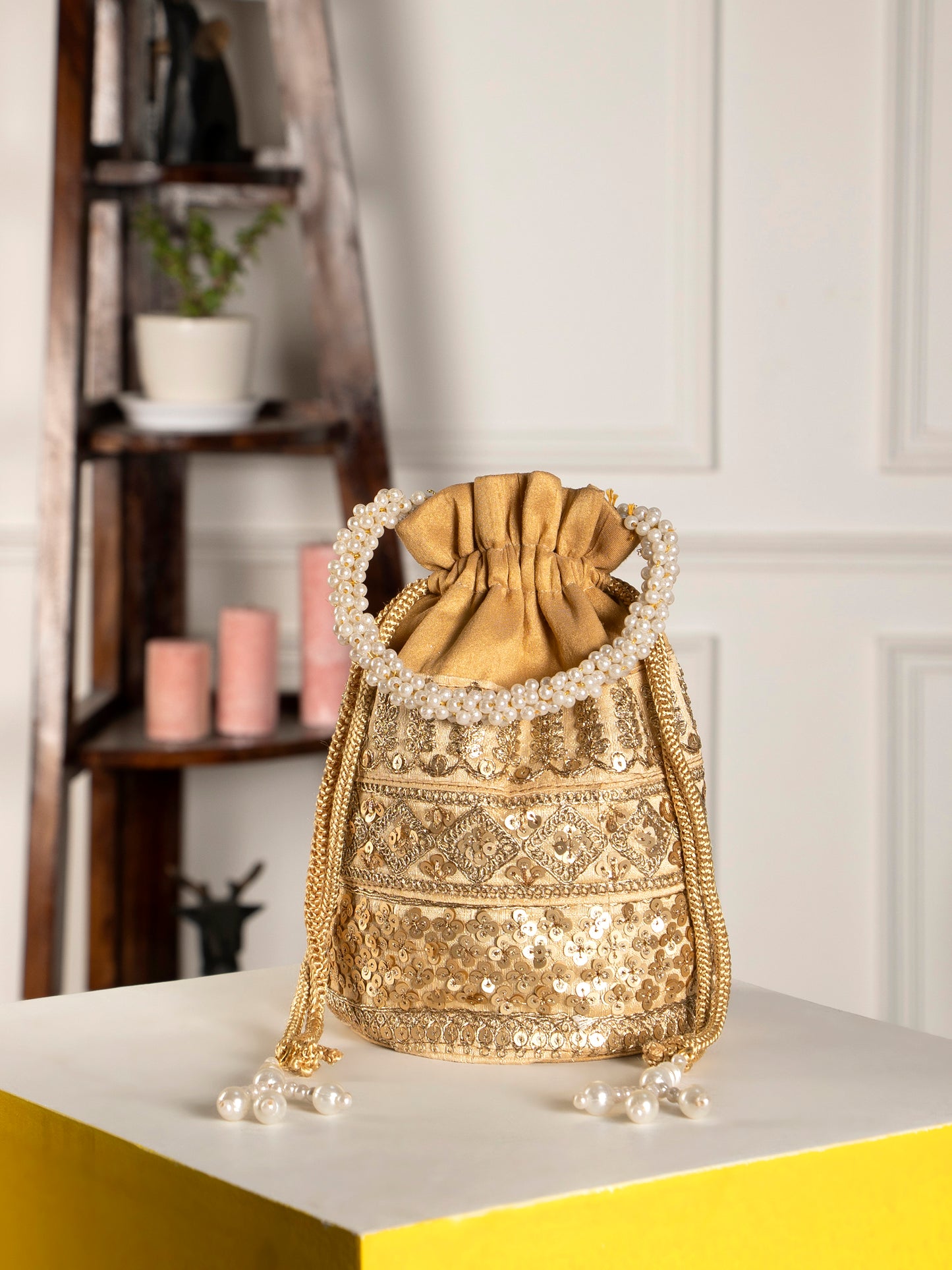 Beige embroidered zari poly silk potli bag