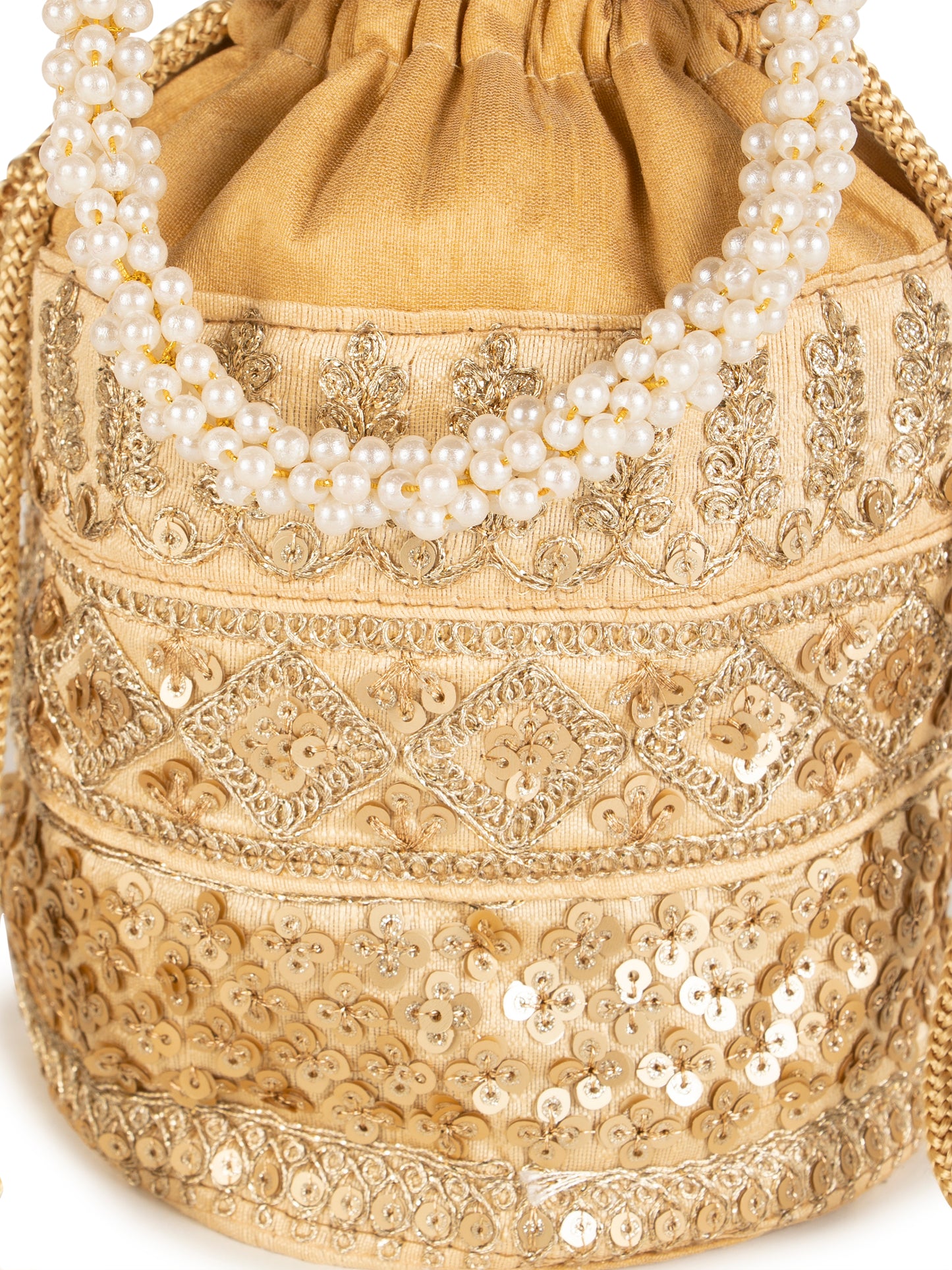 Beige embroidered zari poly silk potli bag