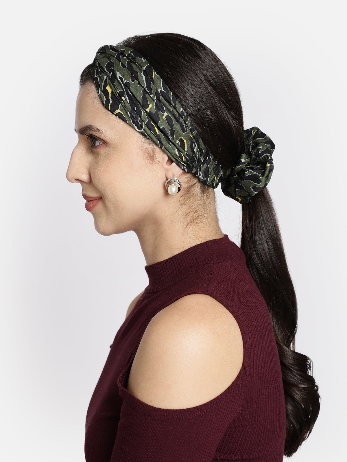 Green Color Printed Headband and Scrunchy