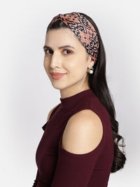 Peach Color Printed Headband and Scrunchy