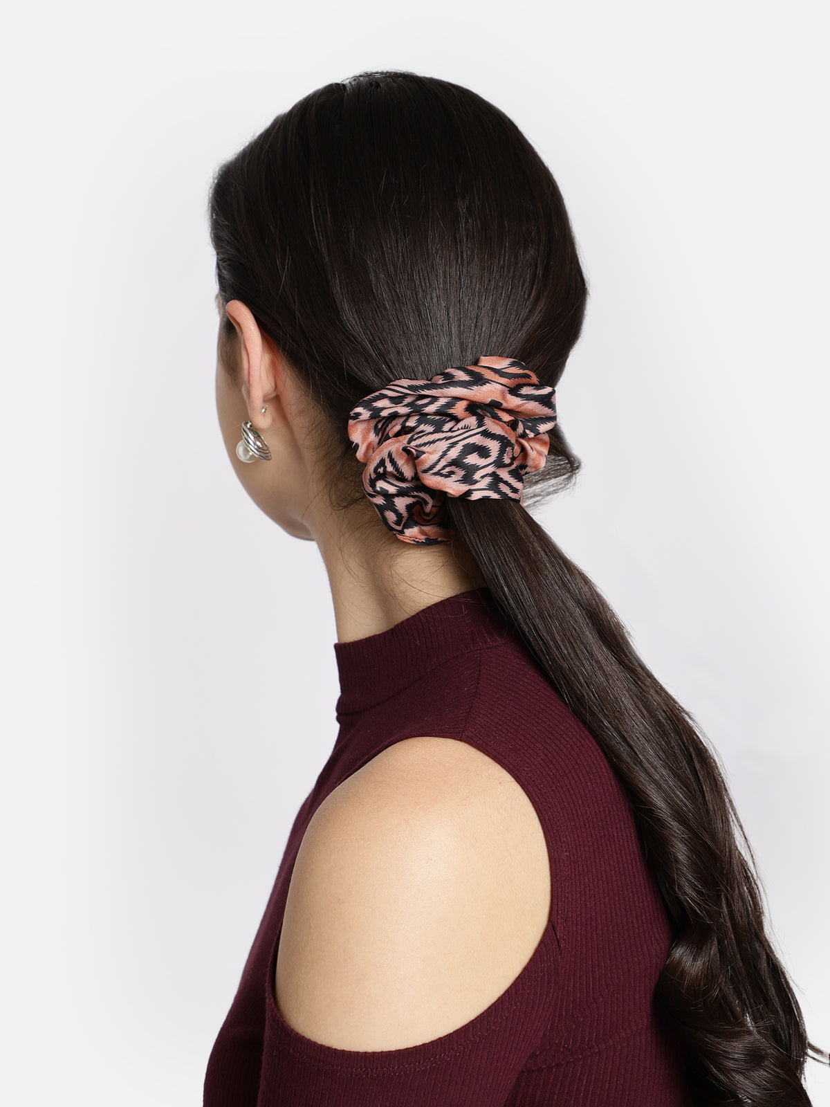 Peach Color Printed Headband and Scrunchy
