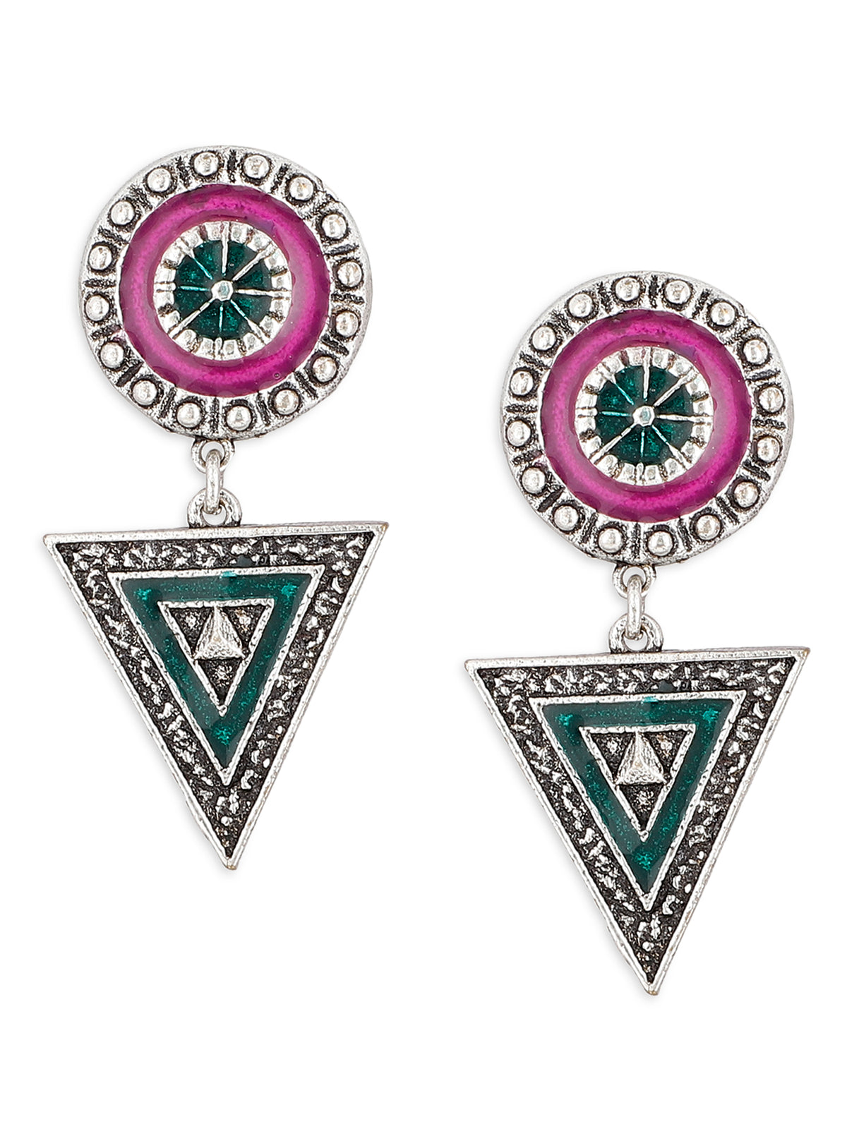 Brass Metal Danglers with Pink and Green Detailing