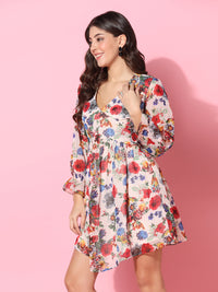 Women Floral Printed Beige Skater Dress