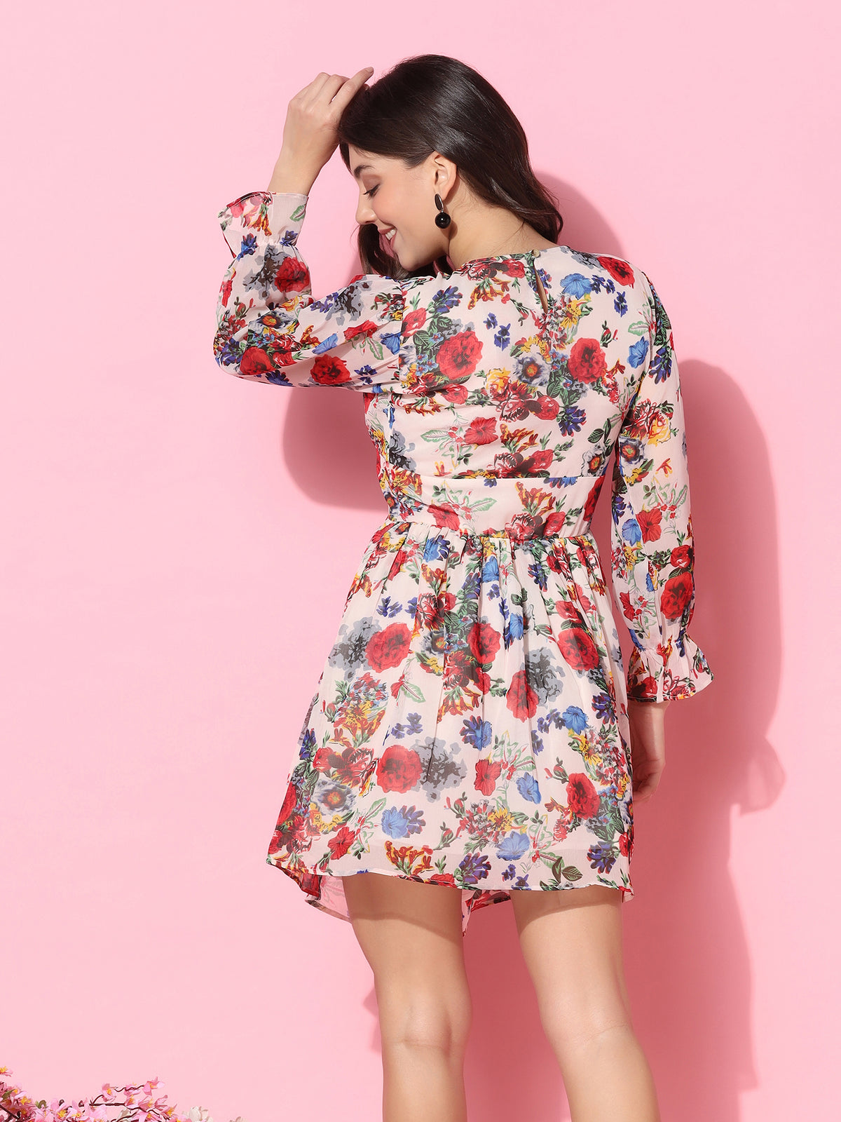 Women Floral Printed Beige Skater Dress