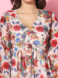 Women Floral Printed Beige Skater Dress