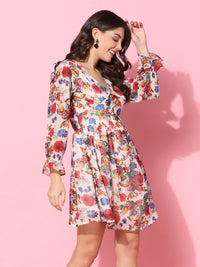 Women Floral Printed Beige Skater Dress