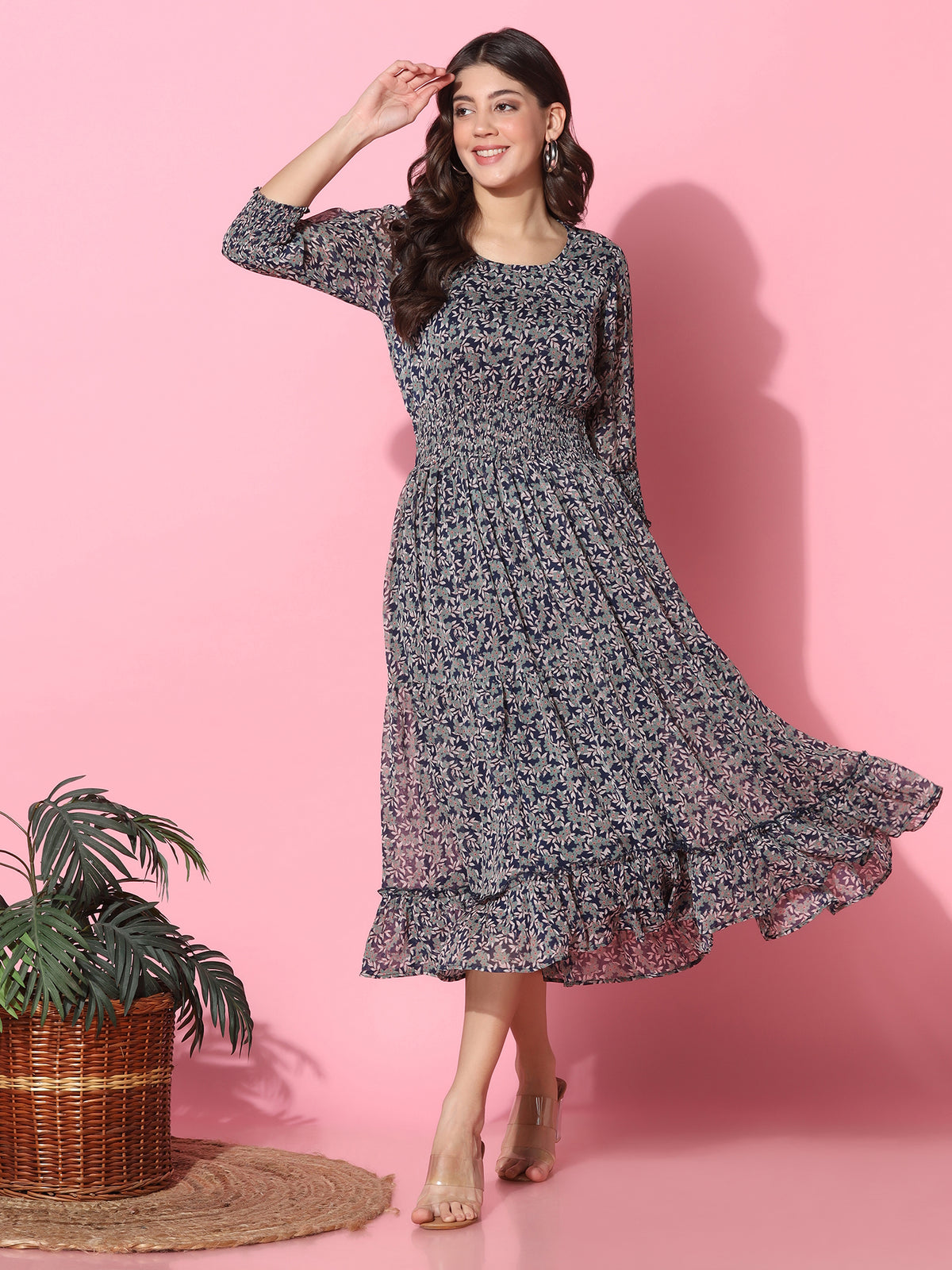 Floral Printed Fit & Flare Blue Midi Dress