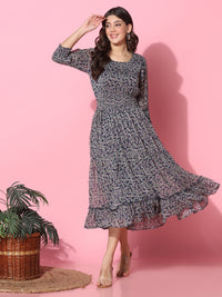 Floral Printed Fit & Flare Blue Midi Dress