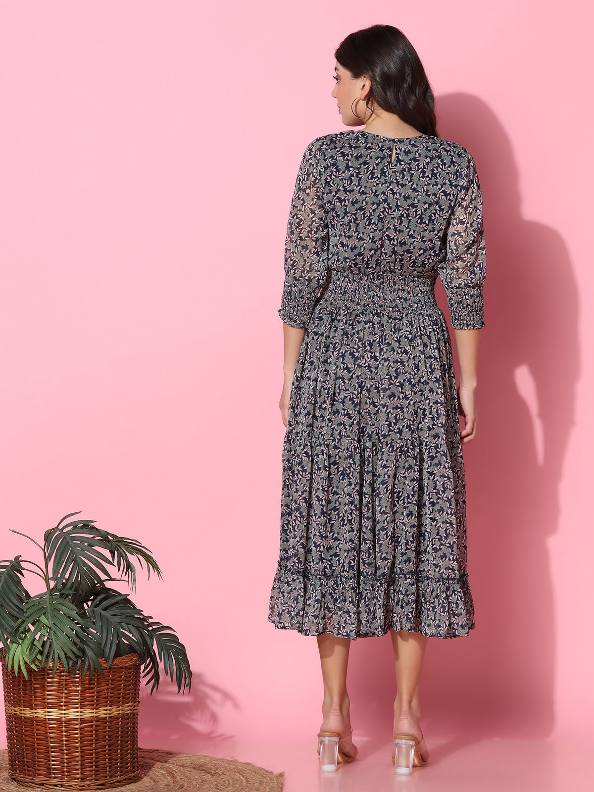 Floral Printed Fit & Flare Blue Midi Dress