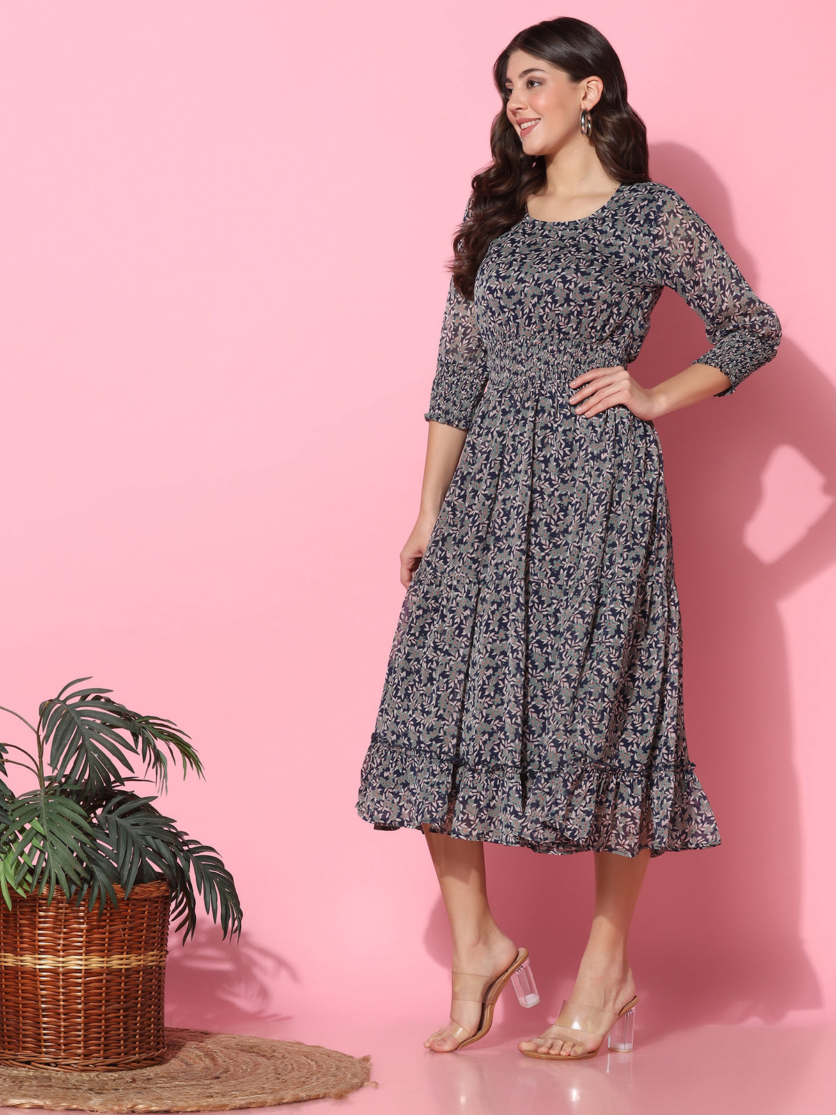 Floral Printed Fit & Flare Blue Midi Dress