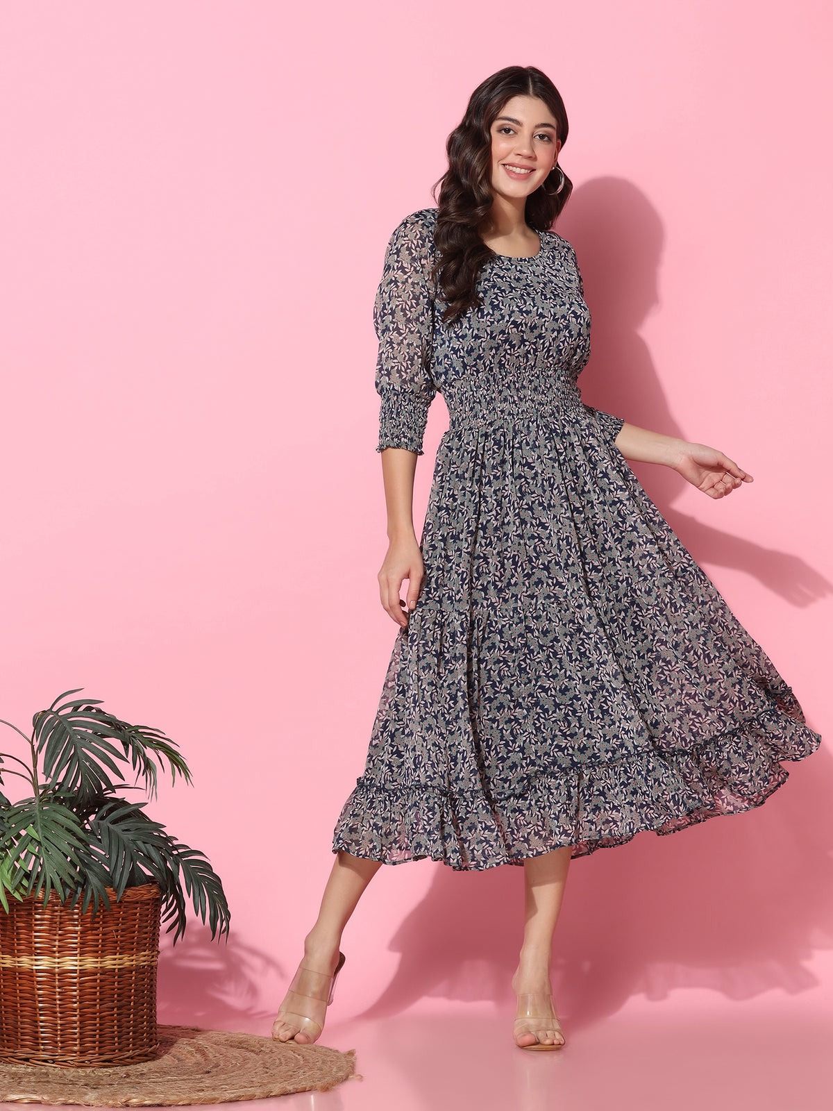 Floral Printed Fit & Flare Blue Midi Dress