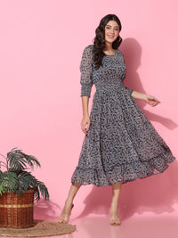 Floral Printed Fit & Flare Blue Midi Dress