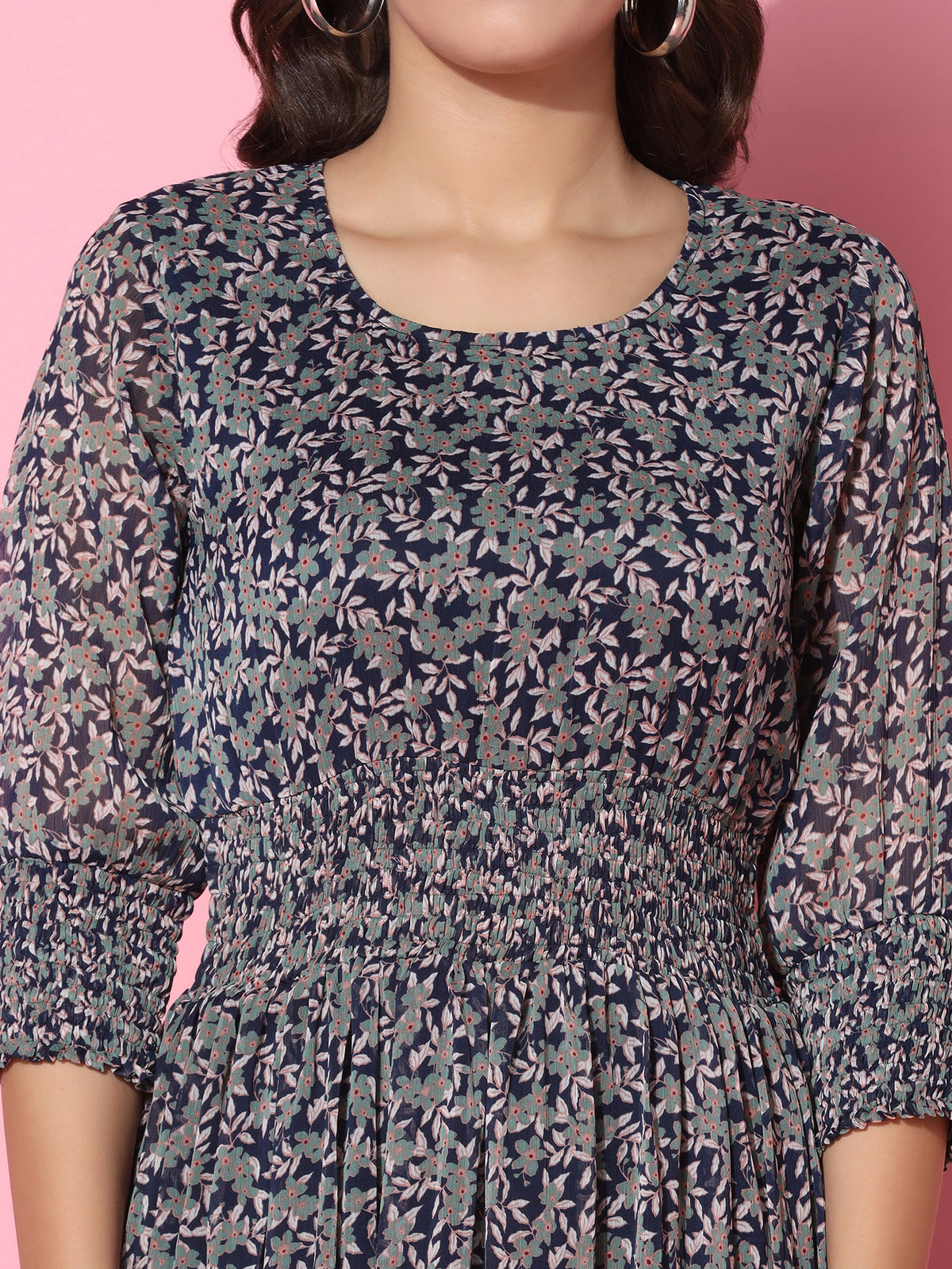 Floral Printed Fit & Flare Blue Midi Dress