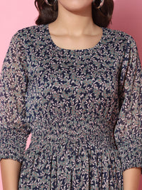 Floral Printed Fit & Flare Blue Midi Dress