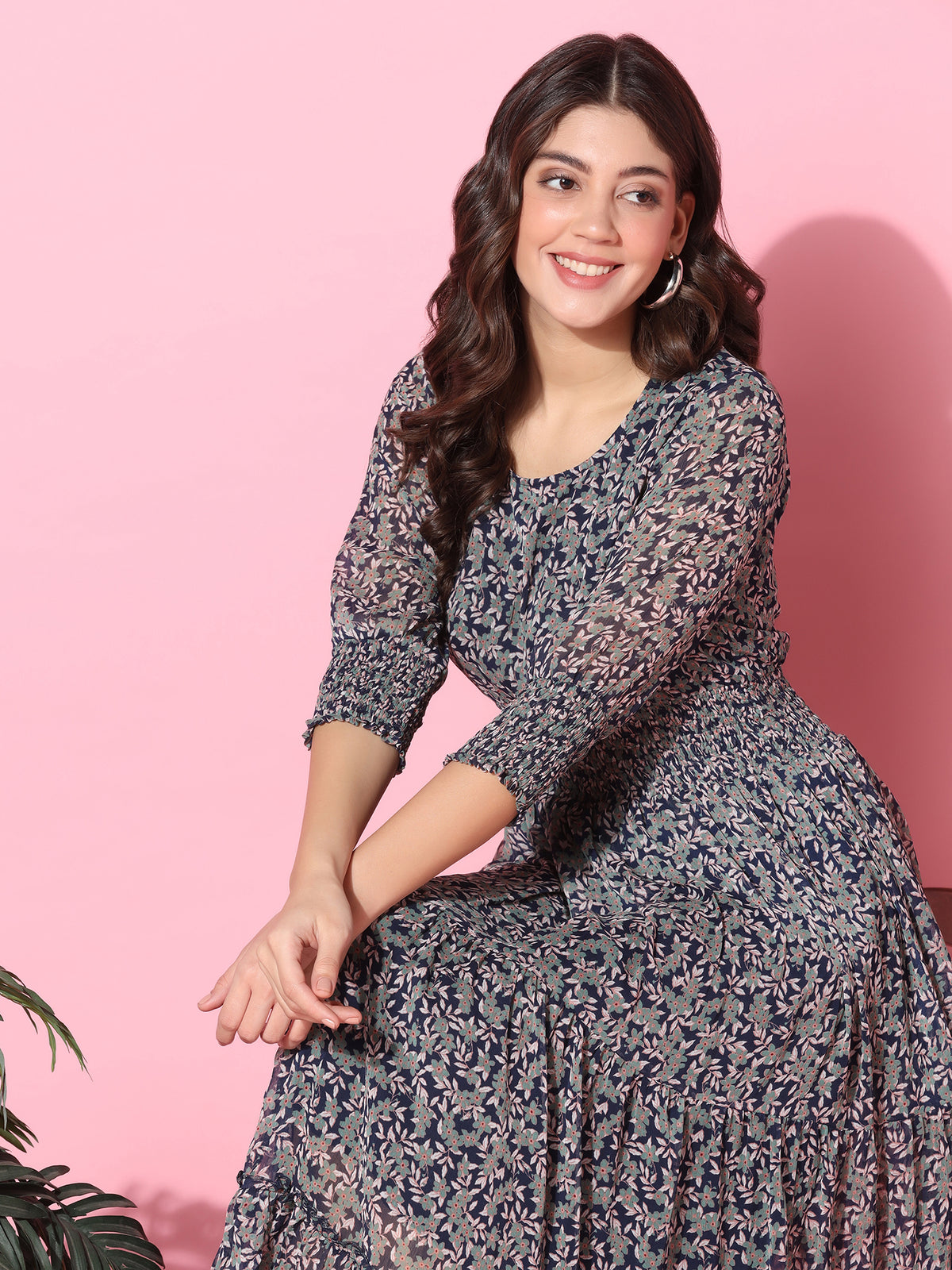 Floral Printed Fit & Flare Blue Midi Dress