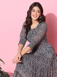 Floral Printed Fit & Flare Blue Midi Dress