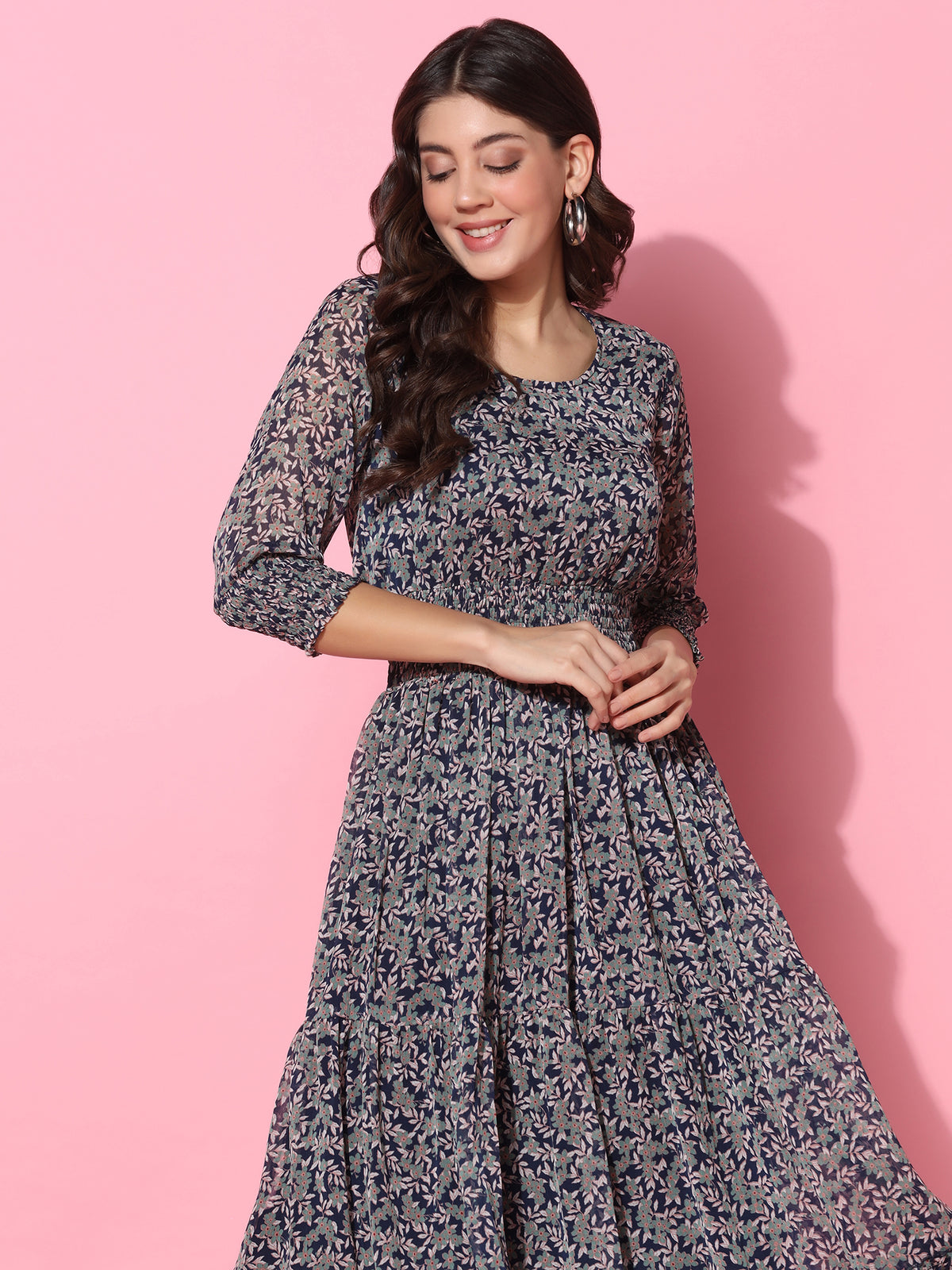 Floral Printed Fit & Flare Blue Midi Dress