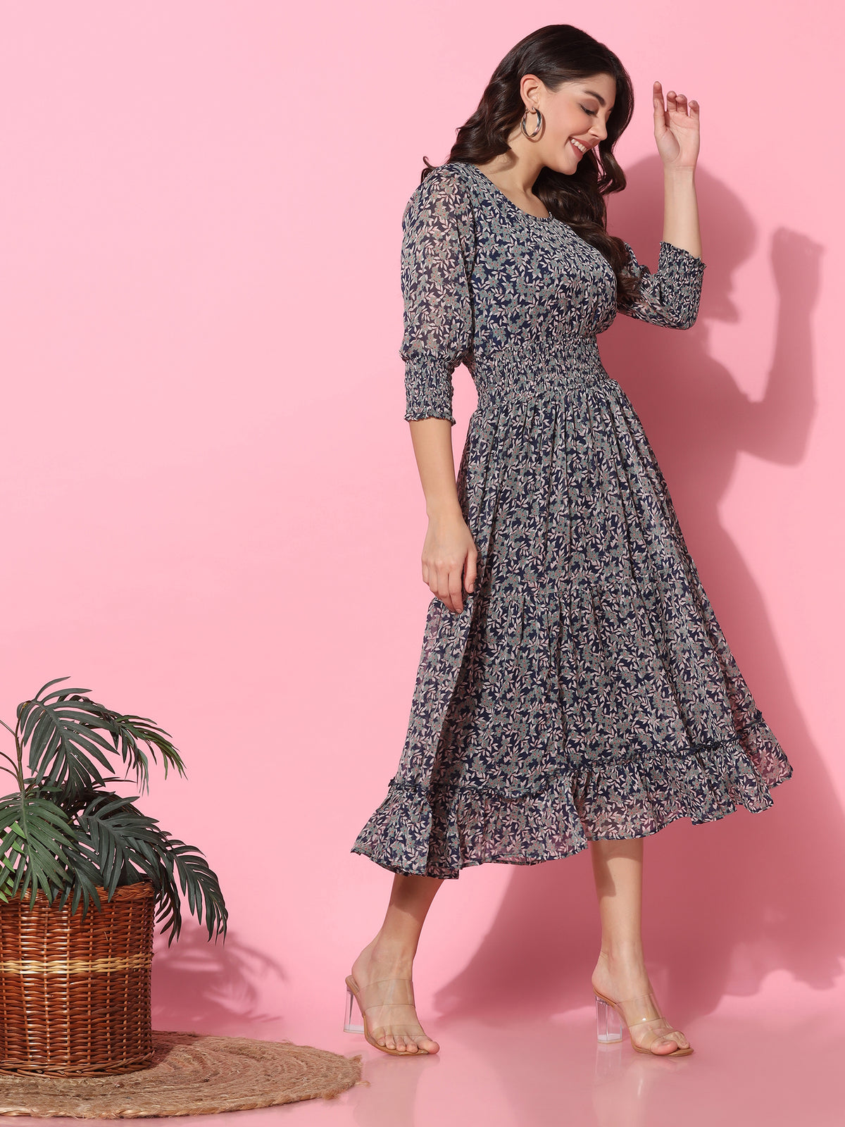 Floral Printed Fit & Flare Blue Midi Dress