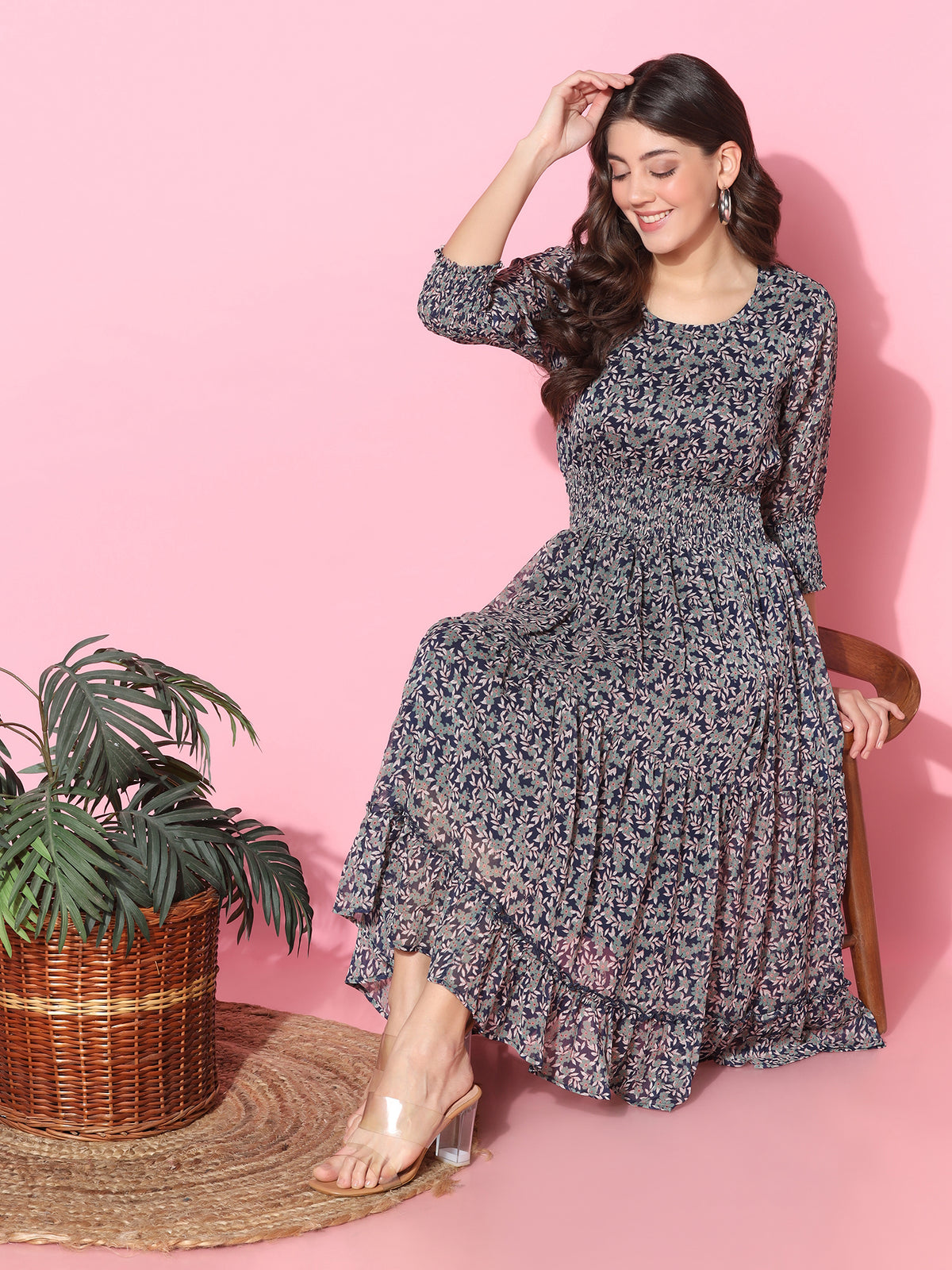 Floral Printed Fit & Flare Blue Midi Dress