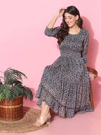 Floral Printed Fit & Flare Blue Midi Dress