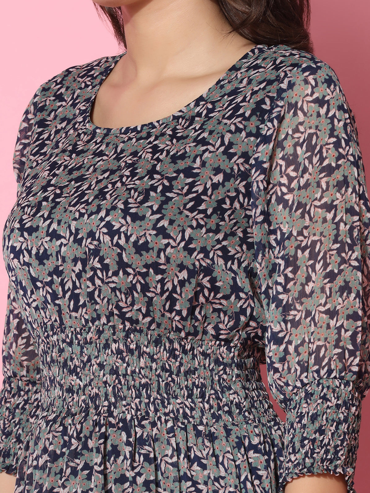 Floral Printed Fit & Flare Blue Midi Dress