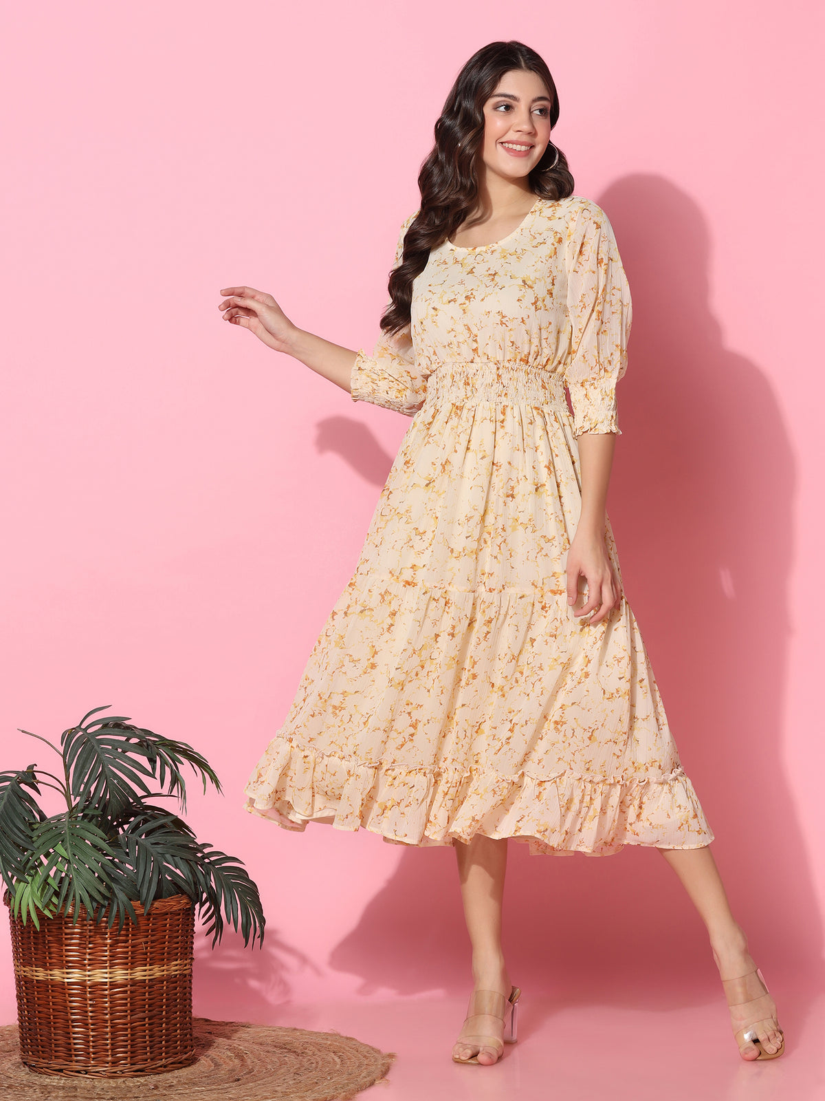 Floral Printed Fit & Flare Beige Midi Dress