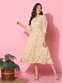 Floral Printed Fit & Flare Beige Midi Dress