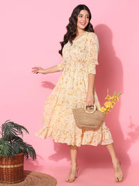 Floral Printed Fit & Flare Beige Midi Dress