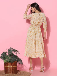 Floral Printed Fit & Flare Beige Midi Dress