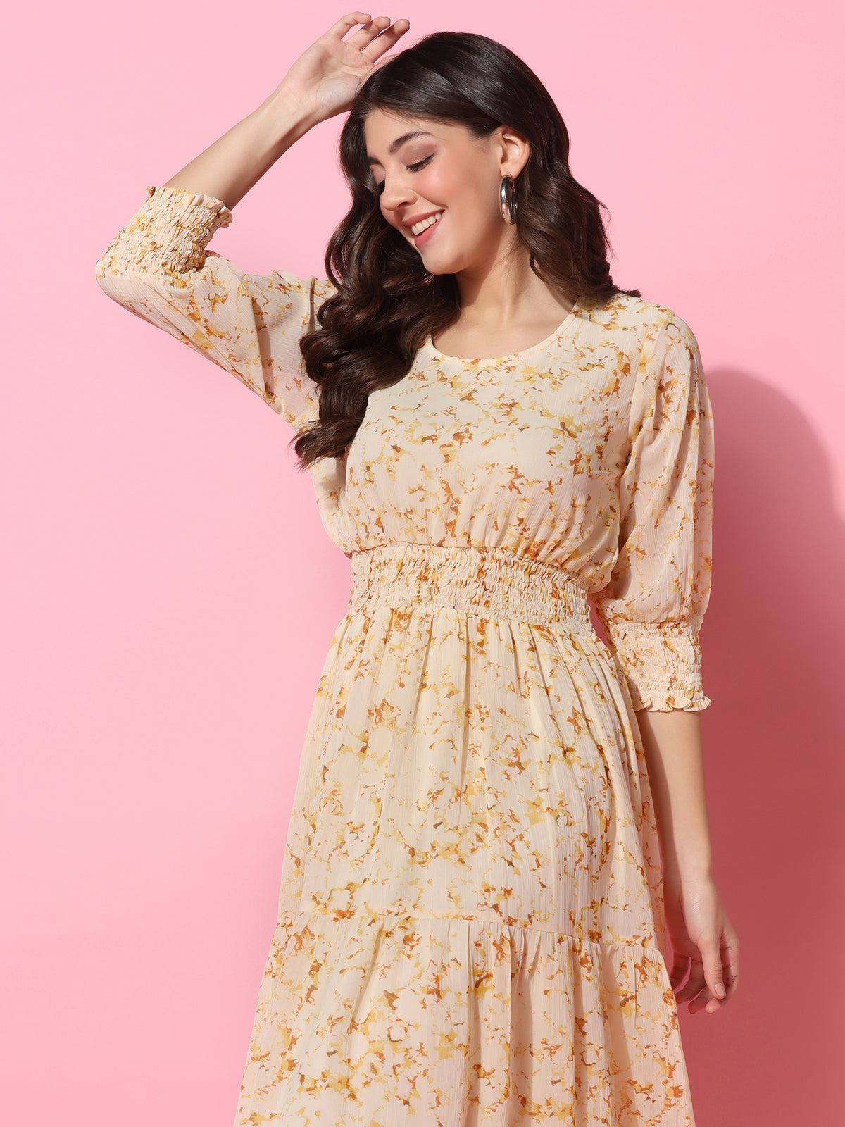 Floral Printed Fit & Flare Beige Midi Dress