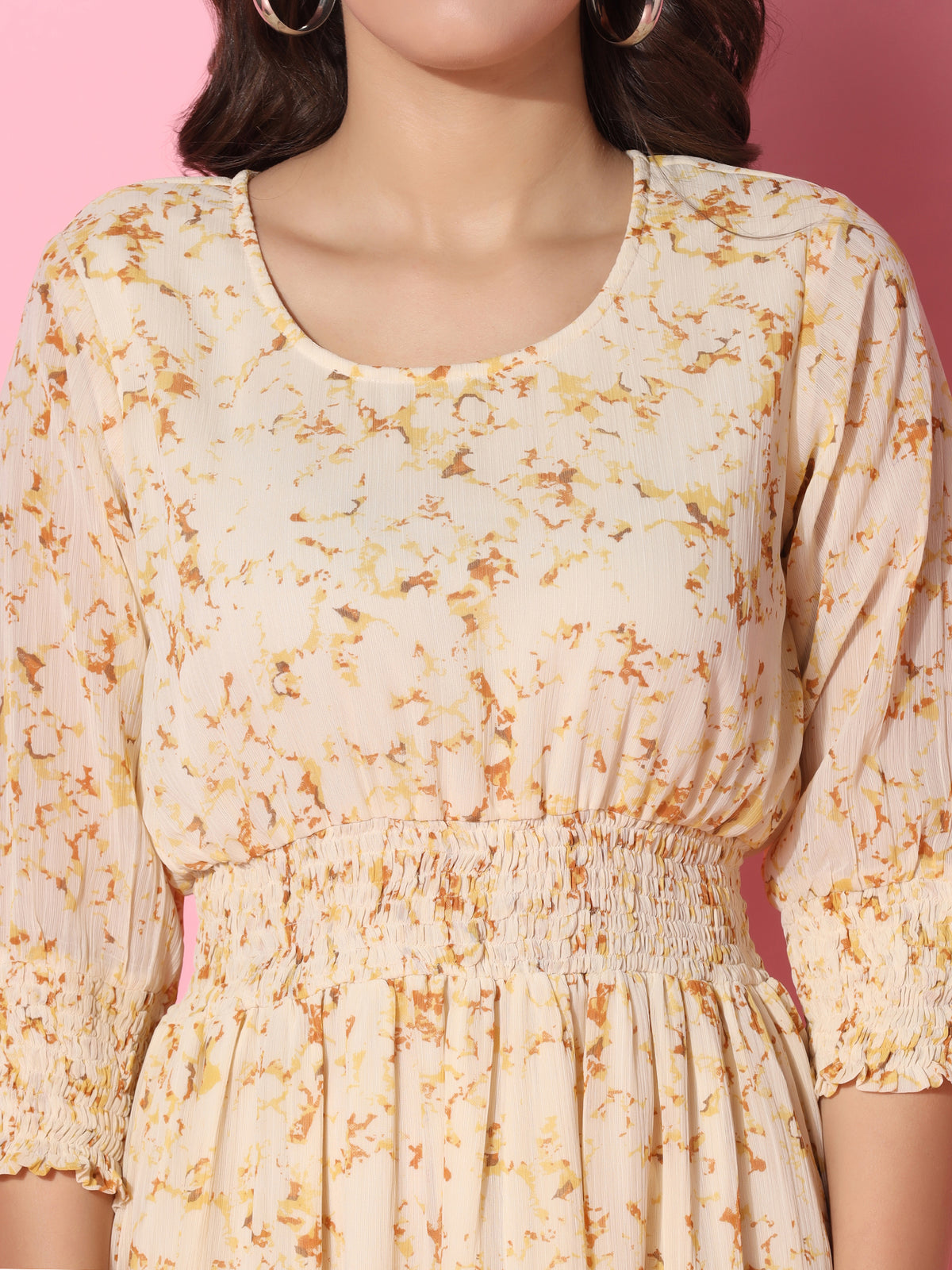 Floral Printed Fit & Flare Beige Midi Dress