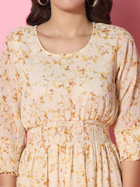 Floral Printed Fit & Flare Beige Midi Dress