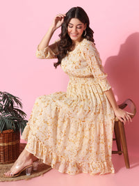 Floral Printed Fit & Flare Beige Midi Dress