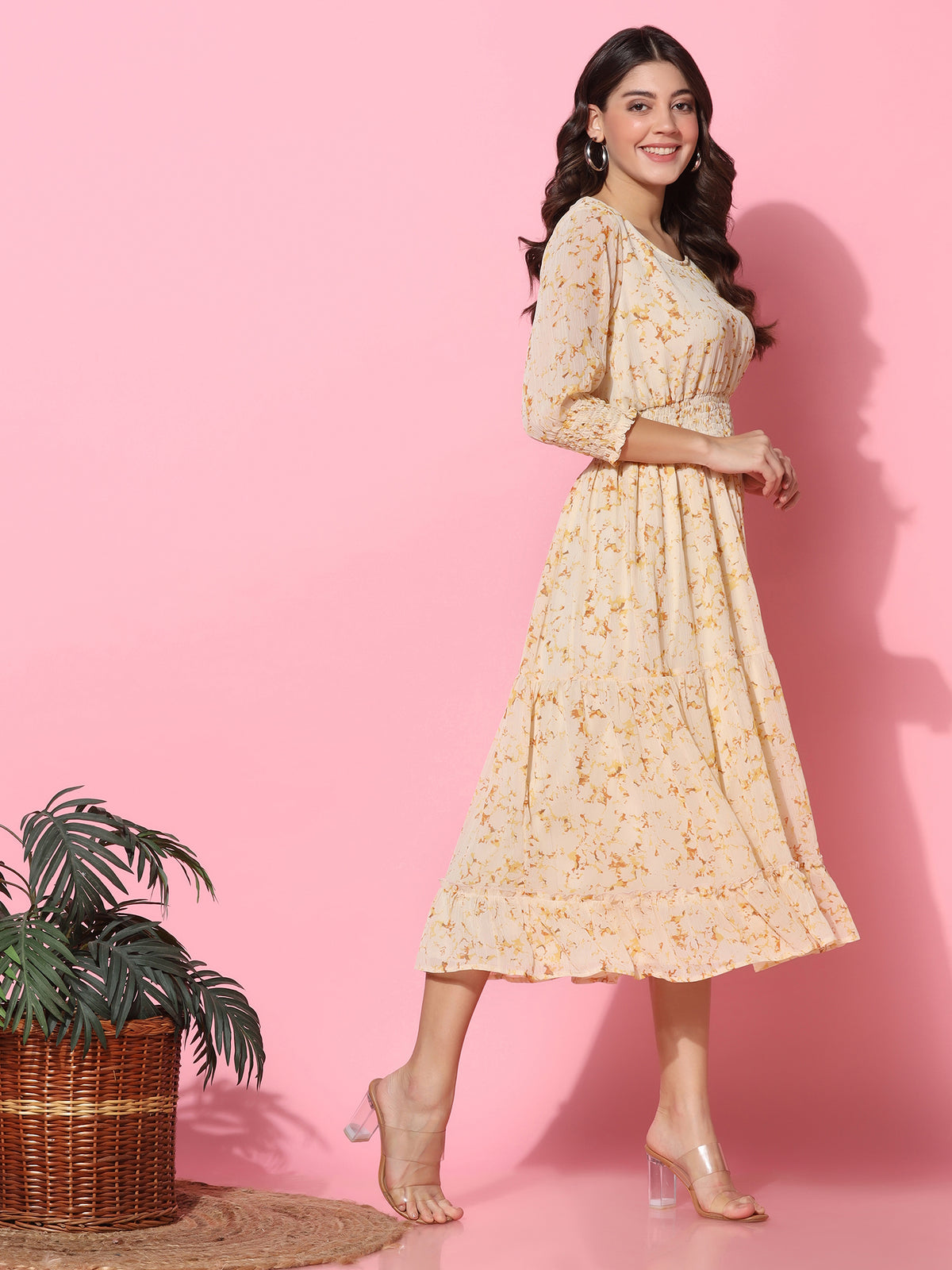 Floral Printed Fit & Flare Beige Midi Dress