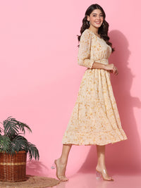 Floral Printed Fit & Flare Beige Midi Dress